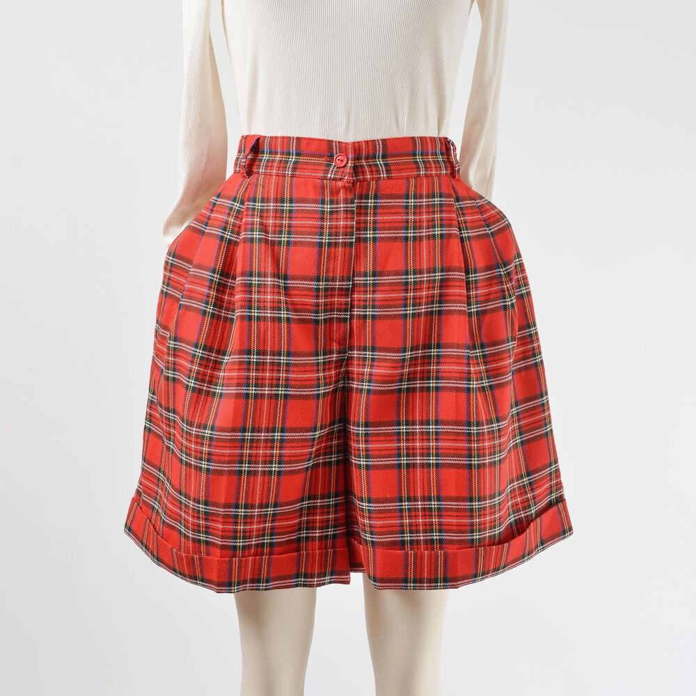 Vintage 90s Red Tartan Plaid High Waisted Pleated Front Trouser Shorts M
